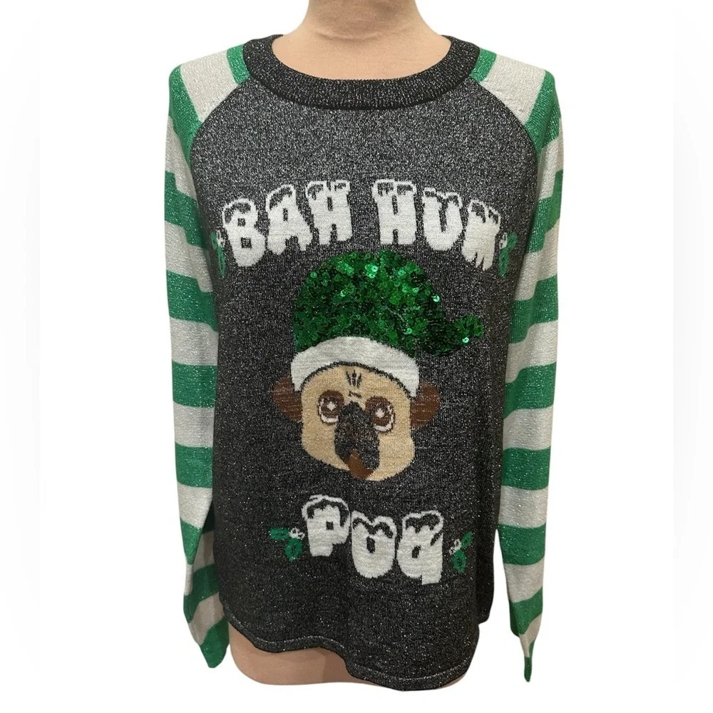 Bah Hum Pug Black Sparkle Christmas Sweater Raglan Knit Novelty Holiday Size S/M